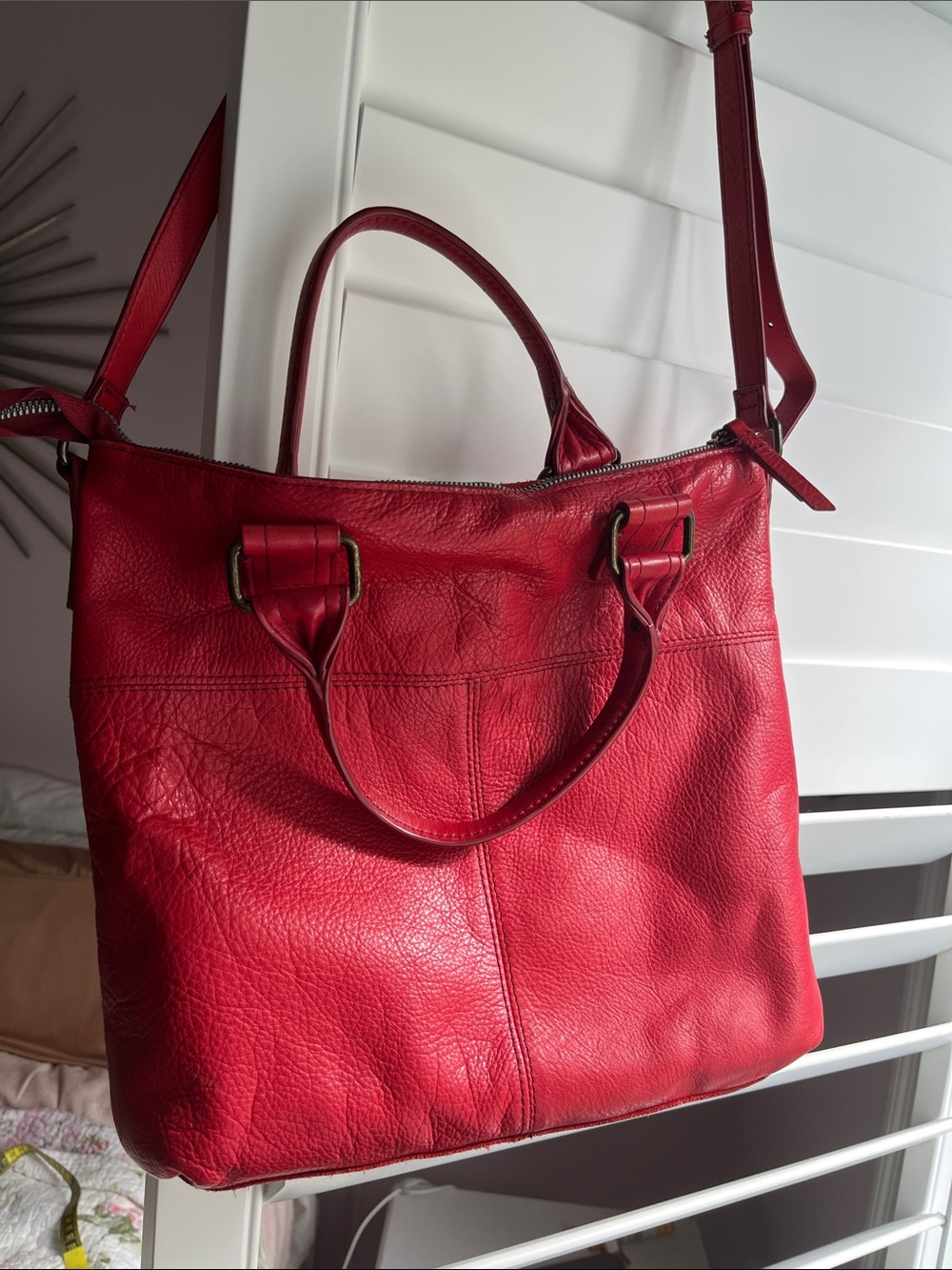 American Leather Co.  Red Leather Shoulder Bag with Front Zip Pocket